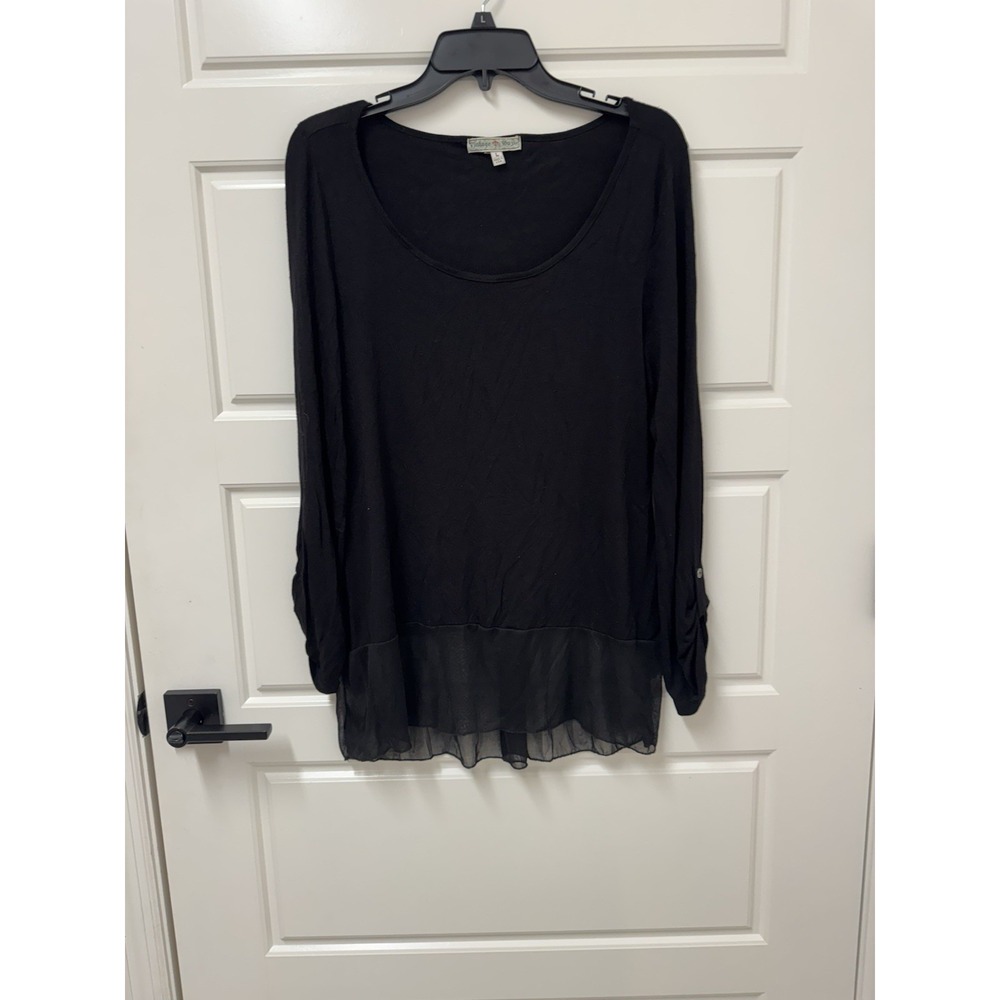 Vintage Suzie 90s Womens Top Large Black Rayon Spandex Chiffon Bottom A10